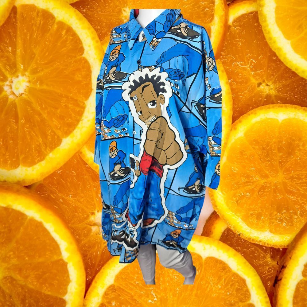 Vintage‎ Y2K Ro's Hip Hop Button Up Shirt Urban Streetwear Blue Cartoon Print